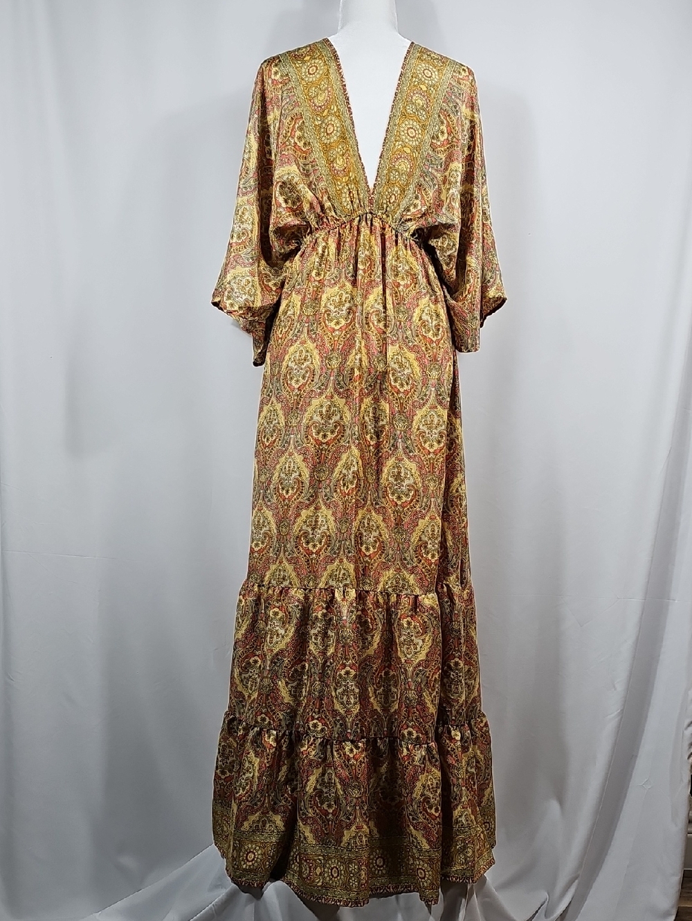 Zury Silk Blend Paisley Maxi Dress V-Neck Kaftan Tiered Boho Festival Free Size - Picture 3 of 11